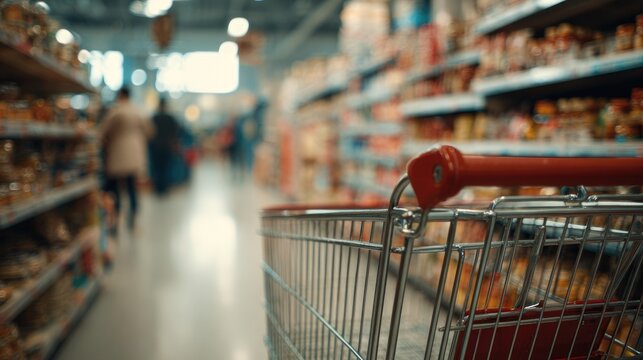 a shopping cart is standing in the aisle of a grocery store. on a blurred background, there are shelves with goods and customers items from shelves