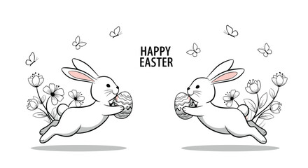 Happy Easter greeting card design with two cute white bunnies jumping with decorated eggs flowers and butterflies on white.