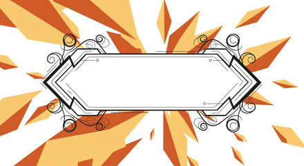 An elegant Art Deco-style frame with intricate scrollwork is set against a dynamic abstract background of orange geometric shapes.