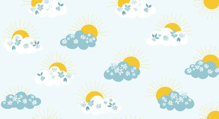Cute seamless weather pattern with suns and floral clouds on a light blue background for a whimsical nursery design.