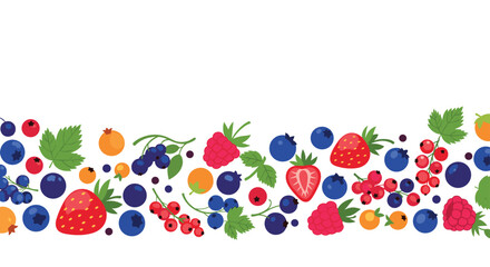 A vibrant and colorful seamless horizontal border pattern featuring a fresh mix of assorted berries like strawberries and blueberries.