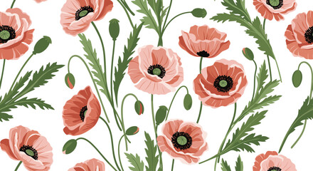 A beautiful seamless floral pattern of delicate pink and red poppy flowers with green leaves and stems on a clean white background.