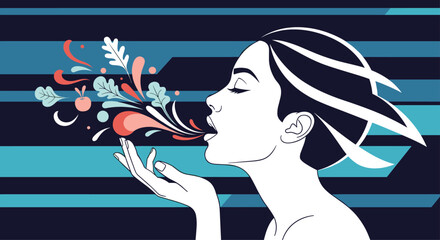 A stylized woman's profile blowing a colorful abstract mix of leaves and fruit from her hand against a striped background.
