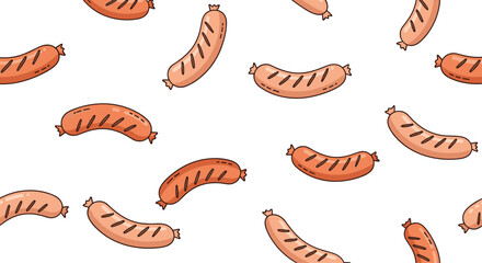 A simple and cute seamless pattern of cartoon grilled sausages randomly scattered on a plain white background for food-themed designs.