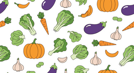 A colorful and healthy seamless pattern of various cartoon vegetables like pumpkins carrots and eggplants on a white background.