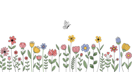A charming horizontal border of colorful hand-drawn wildflowers with a small butterfly flying above on a clean white background.