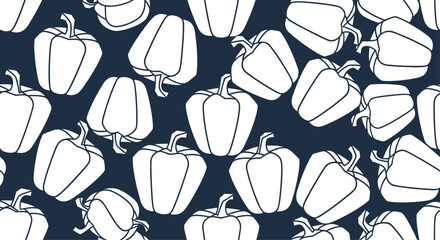 A bold and modern seamless pattern featuring simple white bell pepper outlines scattered on a dark navy blue background design.