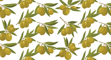 A fresh and healthy seamless pattern of green olive branches with leaves scattered across a clean white background for design.