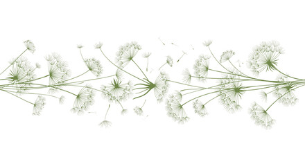 An elegant and delicate horizontal border made of green dandelion silhouettes with seeds blowing in the wind on a white background.