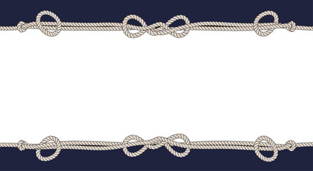 A nautical-themed frame with top and bottom borders made of realistic sailing ropes with various knots on a navy blue background.