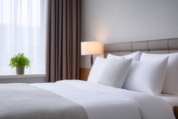 Fototapeta premium Serene hotel suite with cozy bed and soft lighting for relaxation