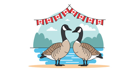A lovely illustration of two Canada geese standing by a lake with a banner of Canadian flags celebrating Canada Day outdoors.