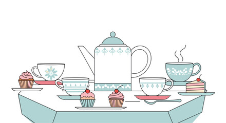 A delicate and charming tea party scene with a teapot cups and cupcakes arranged on a table in a clean line art style.