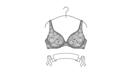 An ornate bra with a swirling pattern on a hanger with a blank ribbon below for Breast Cancer Awareness Month support.