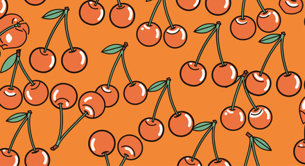 A bright and cheerful seamless pattern of cute cartoon red cherries with green stems scattered over a vibrant orange background.