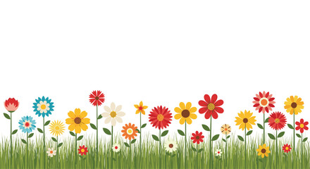 A cheerful and colorful border of various stylized flowers growing in lush green grass at the bottom of the page.