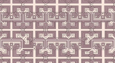 Intricate art deco geometric pattern in muted mauve and taupe tones creates an elegant and seamless repeating background design.