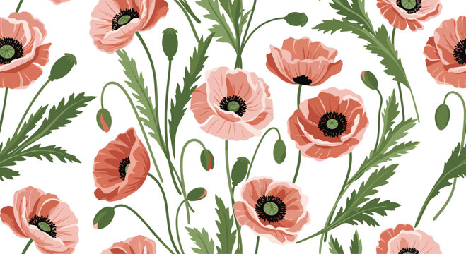 A beautiful seamless floral pattern of delicate pink and red poppy flowers with green leaves and stems on a clean white background.