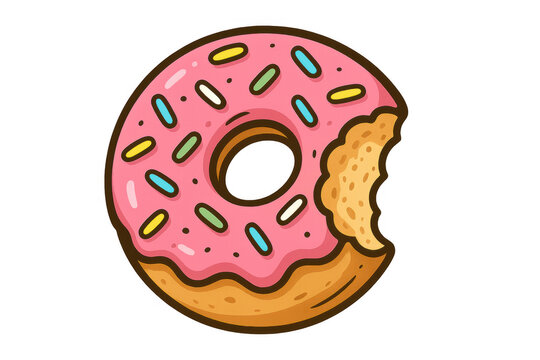 Pink bitten donut illustration with colorful sprinkles, showing a sweet pastry dessert snack with a missing bite mark
