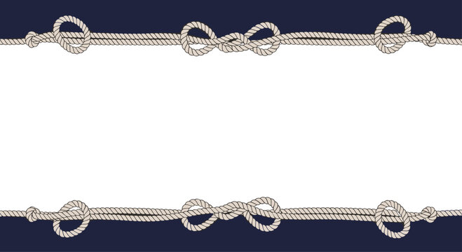 A nautical-themed frame with top and bottom borders made of realistic sailing ropes with various knots on a navy blue background.