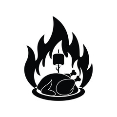 Whole chicken cooking on a spit over flames fire