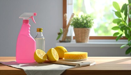 Cleaning supplies, lemons and green plants on a wooden surface against a window with bright sunlight