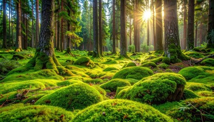 Lush, sunlit forest scene, bright green moss covers stones, sunlight streams through trees
