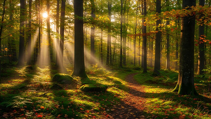 Obraz premium Sun Rays Through Forest Trees Woodland Landscape Path Sunlight Beams Green Foliage Nature Scenery Tranquil Atmosphere and Peaceful Outdoor Environment