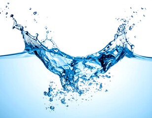Clear blue liquid splashes upwards, creating dynamic crown shape against a bright, clean white background