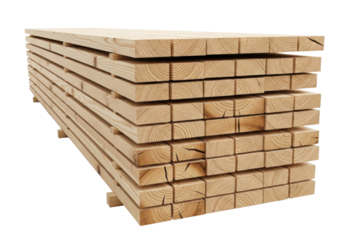 Pristine stack of natural light brown untreated wooden planks, visible organic textures, grain, and growth rings, on a transparent seamless studio background, concept of foundational strength