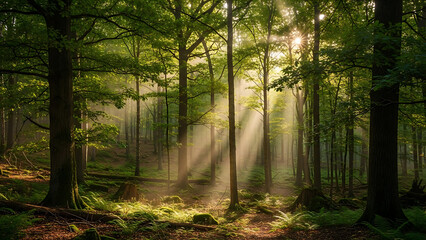 Obraz premium Sunlight Streaming Through Trees in Green Forest Scenic Landscape Featuring Sun Rays in Woodland Natural Environment of Woods with Moss Covered Ground and Ferns