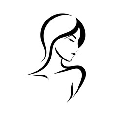 Black & white vector silhouette of minimalist female portrait outline on white background