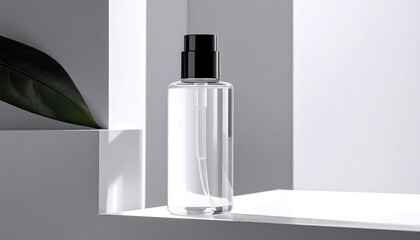 Clear bottle with black cap nestled within a white geometric display, featuring a dark green leaf