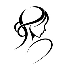 Black & white vector silhouette of minimalist female portrait outline on white background