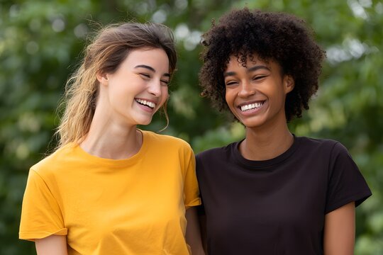 Two friends sharing a joyful moment outdoors in casual attire