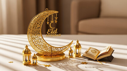 Eid Mubarak with Golden Crescent Moon Lanterns and Quran Islamic Festive Decoration Featuring Traditional Arabic Ornament Symbolic of Ramadan Kareem on Neutral Background