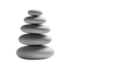 Meticulously balanced cairn of five smooth, neutral grey river pebbles, vertically stacked on a transparent background with ample negative copy space, concept of stability and minimalist elegance.