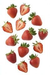 Fresh strawberries scattered on white background create a vibrant summer feel, perfect for healthy lifestyle marketing and recipe inspiration