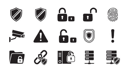 Security and safety icon set in black and white vector design