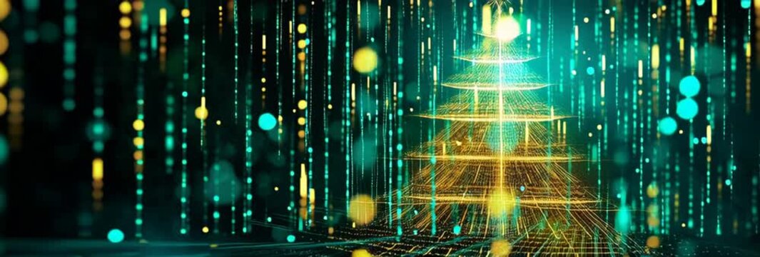 Cybernetic glowing Christmas tree rendered with gold data lines and emerald particle streams loop banner