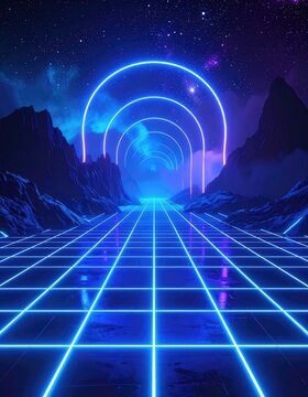 A vibrant neon grid landscape under a starry night sky framed by glowing arches and dark mountains.