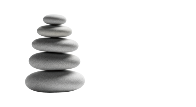 Meticulously balanced cairn of five smooth, neutral grey river pebbles, vertically stacked on a transparent background with ample negative copy space, concept of stability and minimalist elegance.
