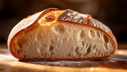 Closeup Of A Sliced Sourdough Baguette Showing Its Airy And Irregular Crumb