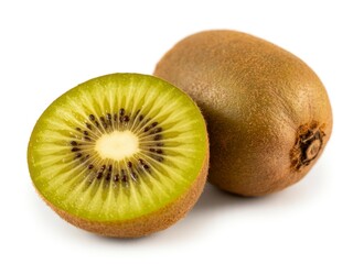 Fresh kiwi fruit cut in half showing vibrant green flesh and black seeds, perfect for healthy eating promotions and tropical fruit recipes