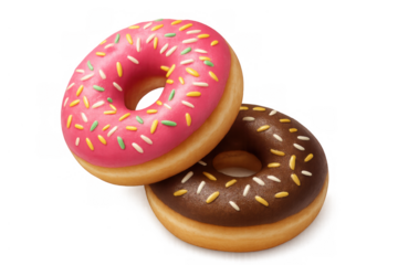 Two sweet glazed chocolate and pink donuts with colorful sprinkles, delicious dessert or snack food on transparent background