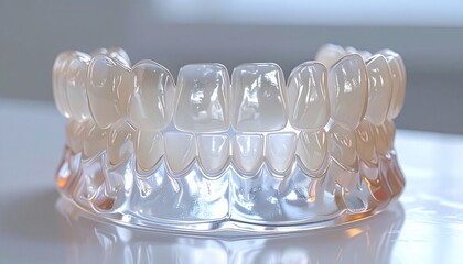 Clear dental aligner set on a reflective white surface, softly lit