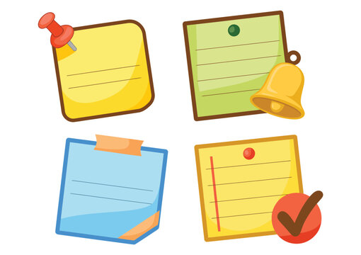 A collection of colorful sticky notes and reminders with icons like a bell and a checkmark on a white background.