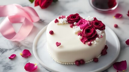 Elegant cake adorned with roses and pearls, a romantic dessert for special occasions, isolated on white background