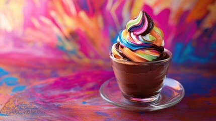 A vibrant swirl of rainbow sherbet sits atop a rich chocolate pudding in a glass cup, set against an abstract background of colorful splashes