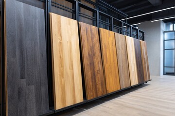 A bright showroom showcases various wooden panel samples on display racks for visitors